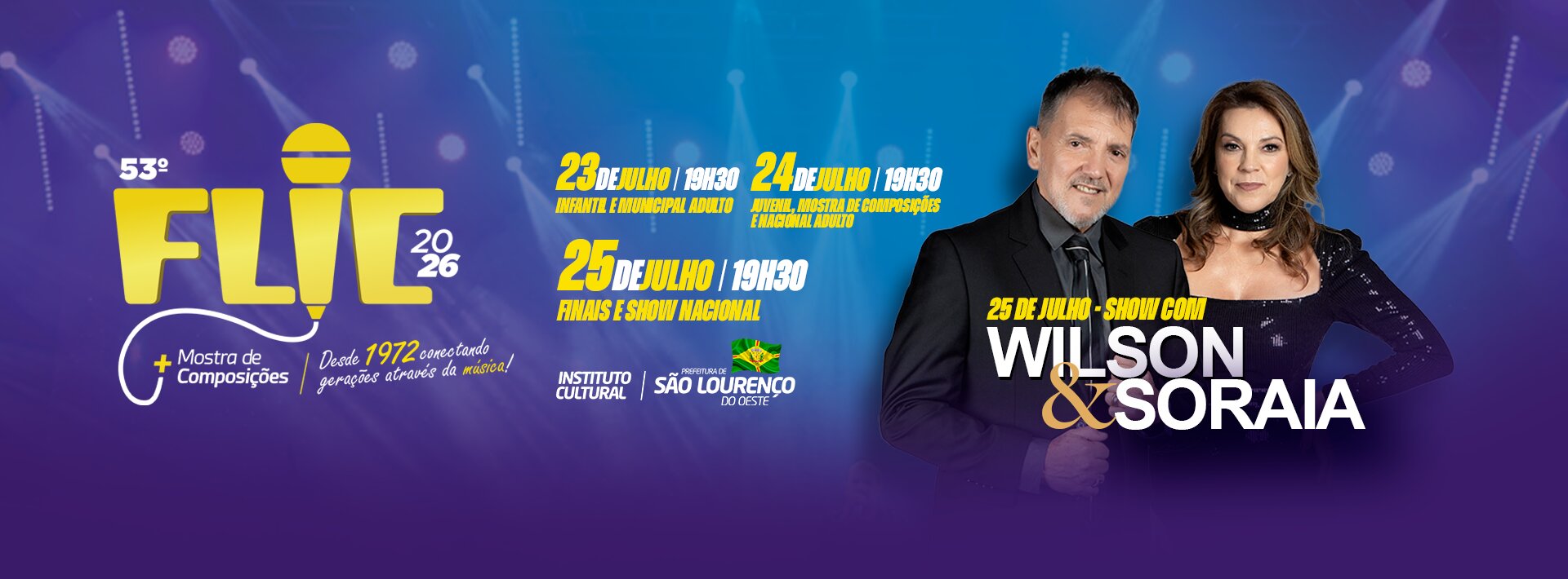 Banner do 53º FLIC, show com Wilson & Soraia